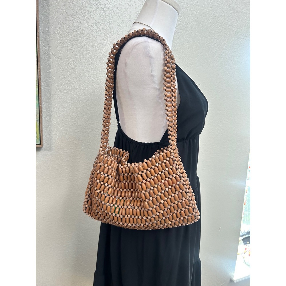 Y2K Wooden Beaded Shoulder Bag Boho Brown‎ Wood Bead Purse Retro Hobo Tote
